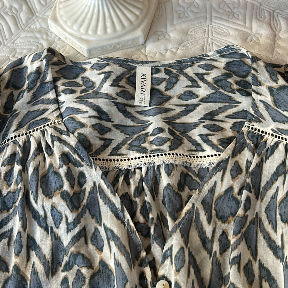 Kivari Blue and Cream Amina Print Ikat Patterned Blouse